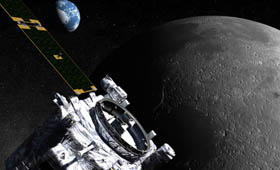 Artists impression of
					 STEREO's Lunar Swingby